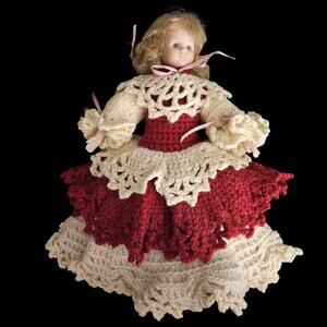 Vintage 1991 Wang's International Porcelain Doll Crochet Dress Red Ivory